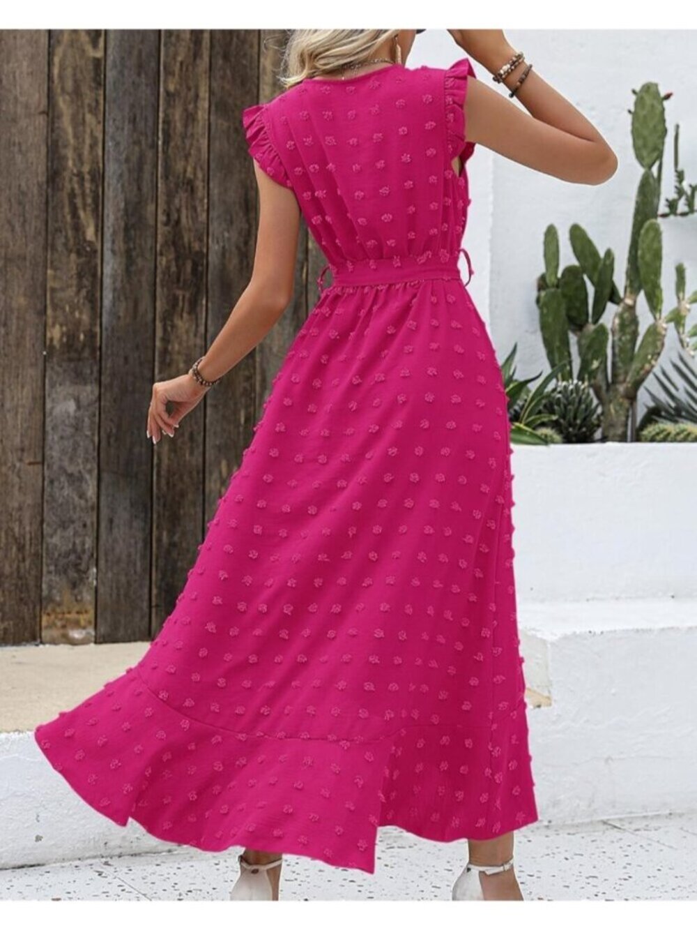 Womens Rose Red Swiss Dot Cap Sleeve V Neck Tie Waist Imported Causal Maxi Dress - Picture 4 of 6
